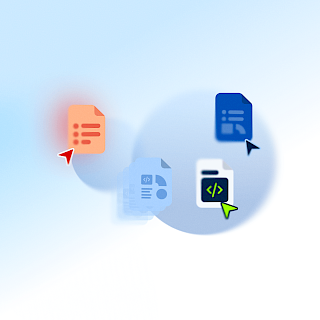 Stilisierte Grafik: Mauszeiger schieben Files unterschiedlichen Formates hin und her.