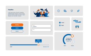 Überblick diverser easyCredit Designsystem-Elemente wie Schrift, Buttons, Formularfelder, Logos, Icons und Illustrationen
